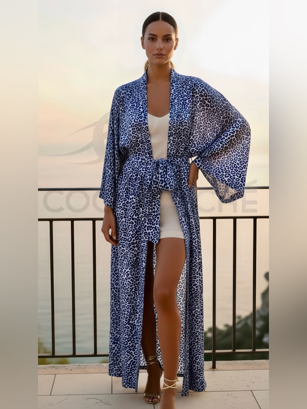 Blue Leopard Print Kimono Robe Duster - Picture 3 of 8